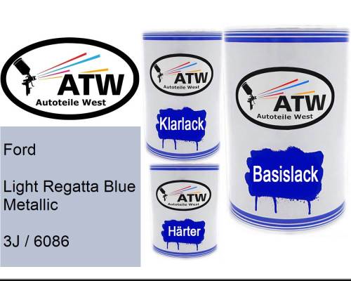 Ford, Light Regatta Blue Metallic, 3J / 6086: 500ml Lackdose + 500ml Klarlack + 250ml Härter - Set, von ATW Autoteile West.